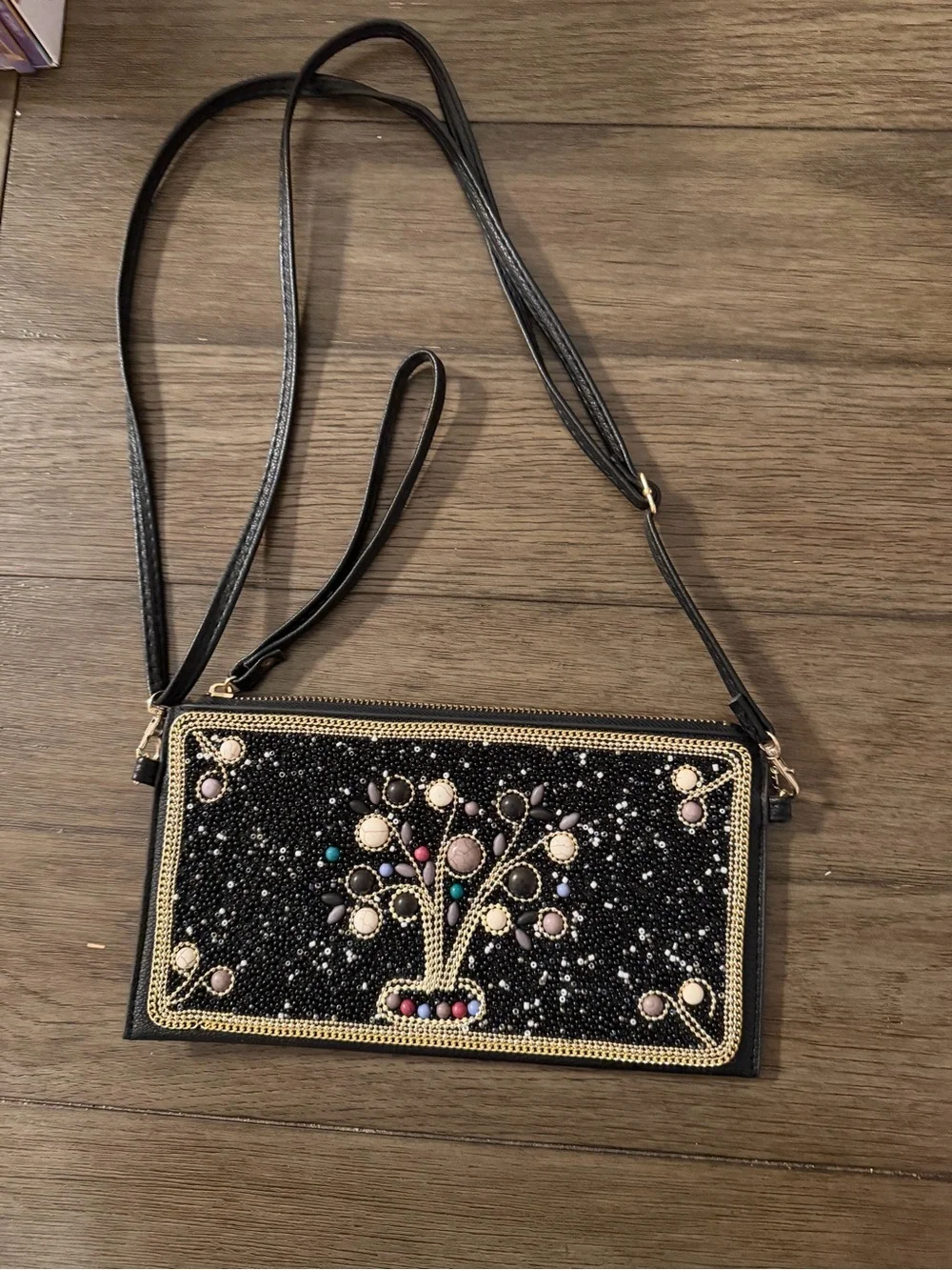 Beaded Tree of Life Crossbody Bag Black Faux Leather Wristlet Multi Color Stone
